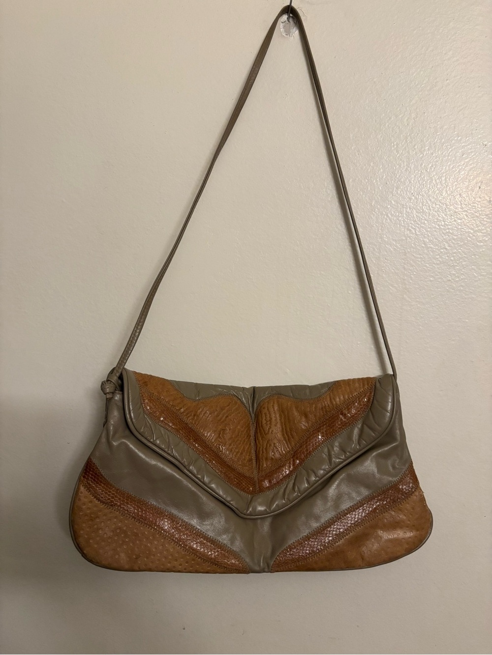 Two-Tone Taupe and Tan Leather Chevron Shoulder Bag